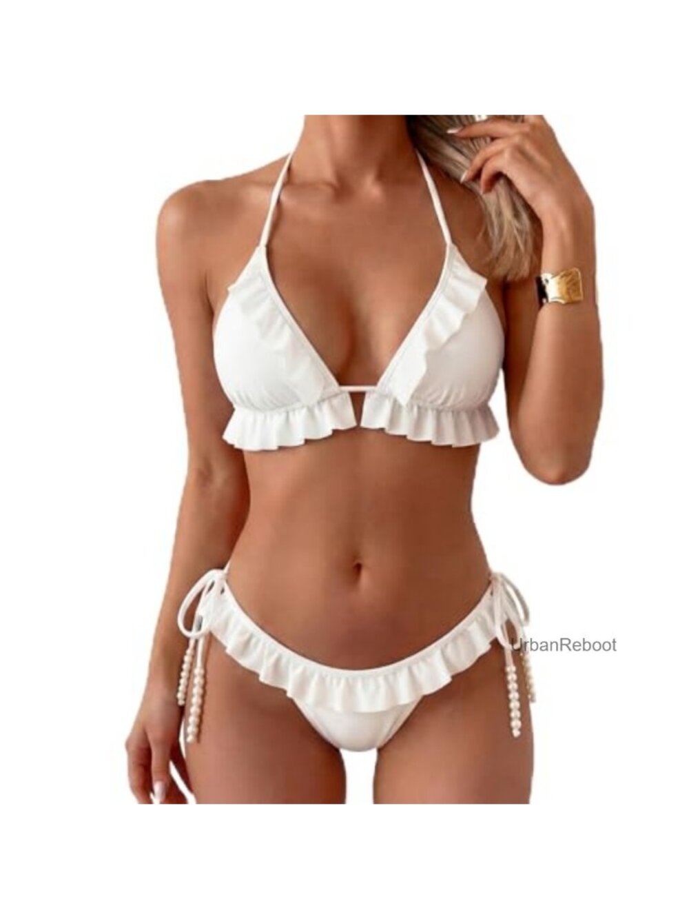 Ruffled Halter String Triangle Bikini Set 2 Piece Swimwear Bachelorette Bride